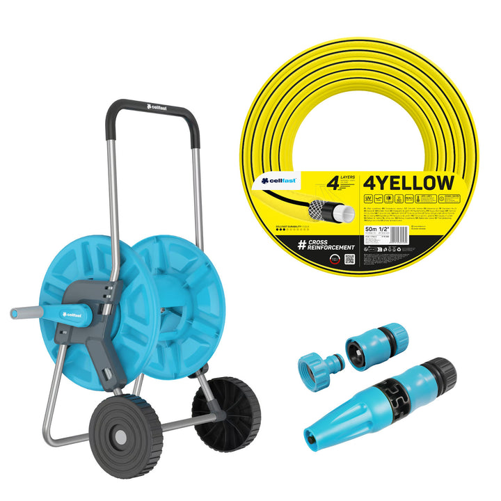 Carrello portatubo Cellfast Aluplus da 1/2" e 60 m + tubo da giardino Cellfast 4YELLOW da 1/2" e 50 m + set con irrigatore a getto diritto Cellfast Basic da 1/2"