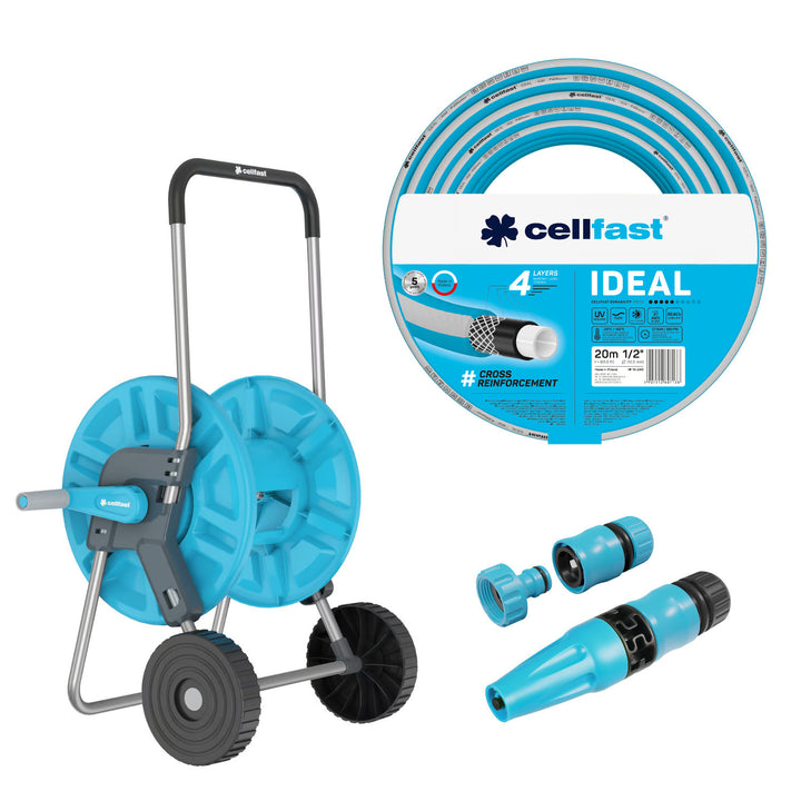 Carrello portatubo Cellfast Aluplus 1/2" 60 m + Tubo da giardino Cellfast IDEAL 1/2" 20 m + Set con irrigatore a getto diritto Cellfast Basic 1/2"