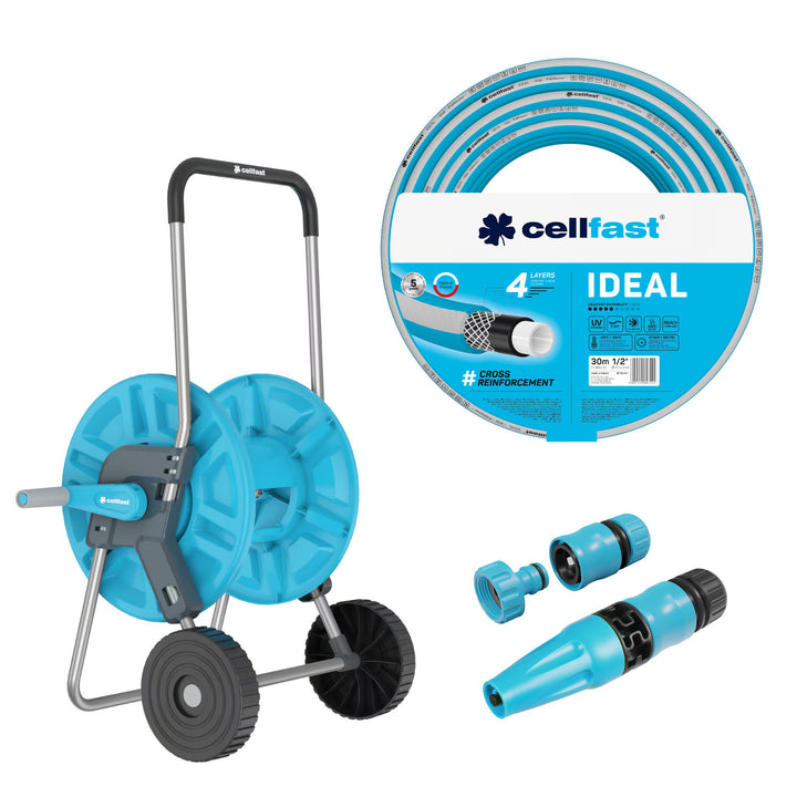 Carrello portatubo Cellfast Aluplus 1/2" 60 m + Tubo da giardino Cellfast IDEAL 1/2" 30 m + Set con irrigatore a getto diritto Cellfast Basic 1/2"