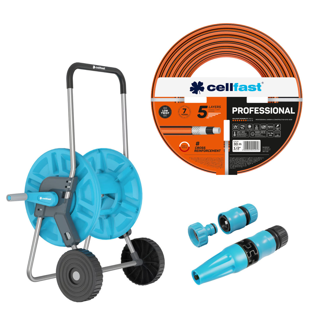 Carrello per tubo Cellfast Aluplus 1/2" 60 m + Tubo da giardino Cellfast, PROFESSIONAL 1/2" 30 m + Set con irrigatore a getto diritto Cellfast Basic 1/2"