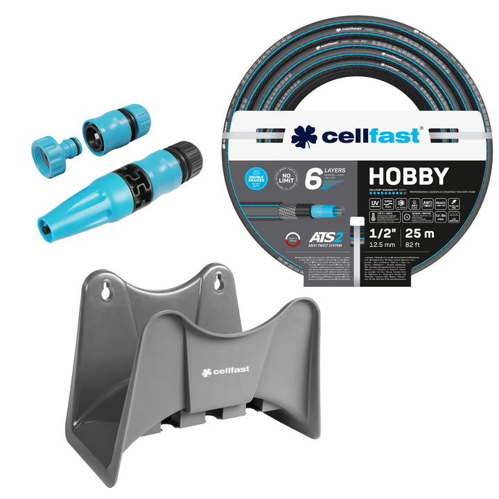 Tubo da giardino Cellfast Hobby ATS2 da 1/2" e 25 m + gancio per tubo Cellfast grigio + set con irrigatore a getto diritto Cellfast Basic da 1/2"