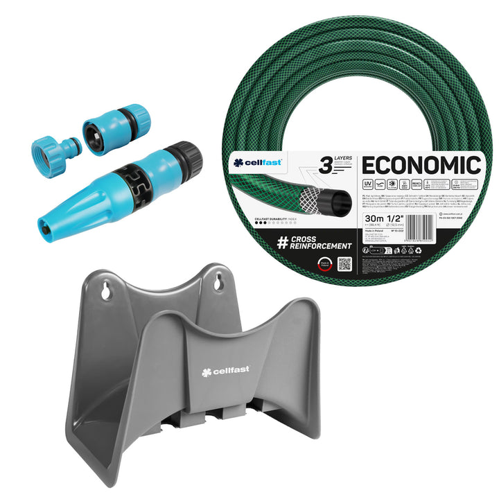 Tubo da giardino Cellfast Economic da 1/2" e 30 m + gancio per tubo Cellfast grigio + set con irrigatore a getto diritto Cellfast Basic da 1/2"