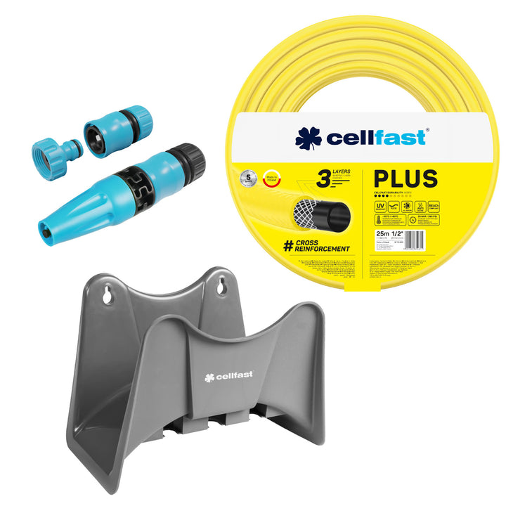 Tubo da giardino Cellfast Plus da 1/2" (25 m) + gancio per tubo Cellfast grigio + set con irrigatore a getto diritto Cellfast Basic da 1/2"
