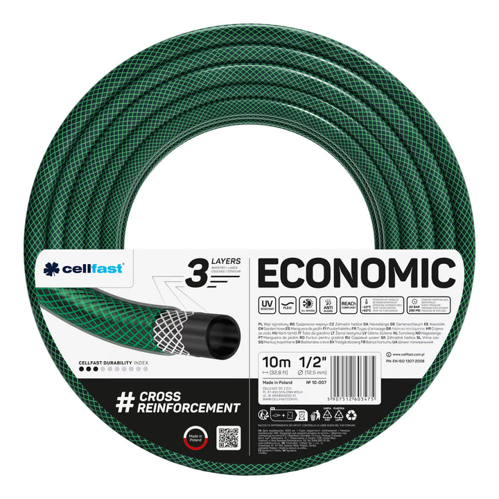 Tubo da giardino Cellfast Economic da 1/2" e 10 m + gancio per tubo Cellfast grigio + set con irrigatore a getto diritto Cellfast Basic da 1/2"