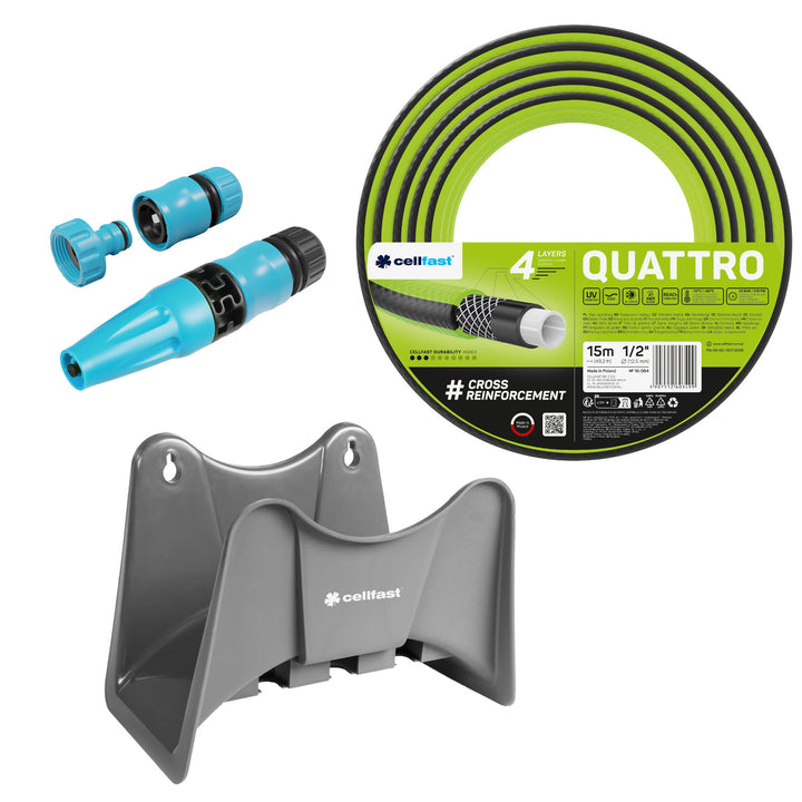 Tubo da giardino Cellfast Quattro da 1/2" e 15 m + gancio per tubo Cellfast grigio + set con irrigatore a getto diritto Cellfast Basic da 1/2"