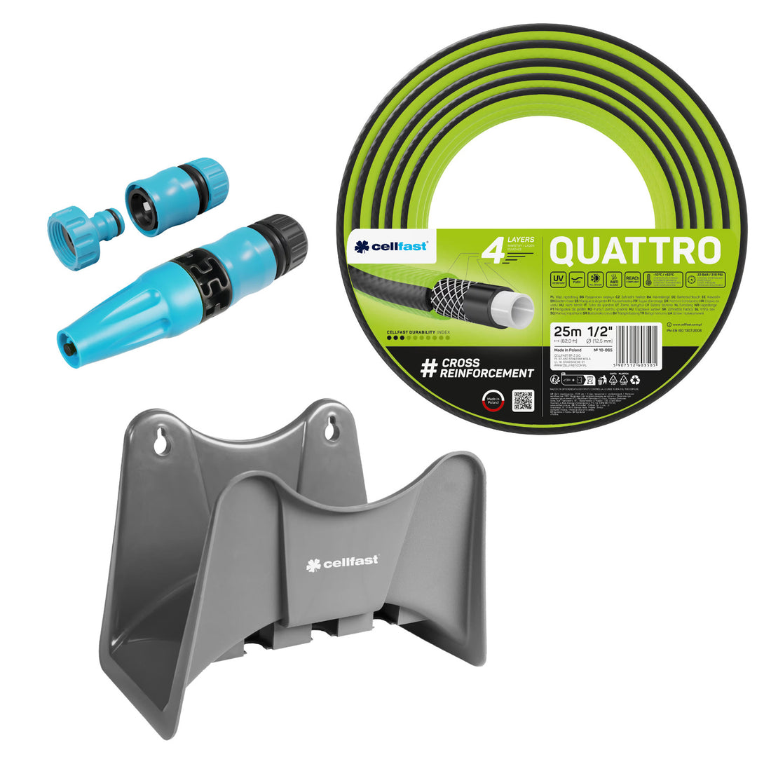Tubo da giardino Cellfast Quattro da 1/2" e 25 m + gancio per tubo Cellfast grigio + set con irrigatore a getto dritto Cellfast Basic da 1/2"