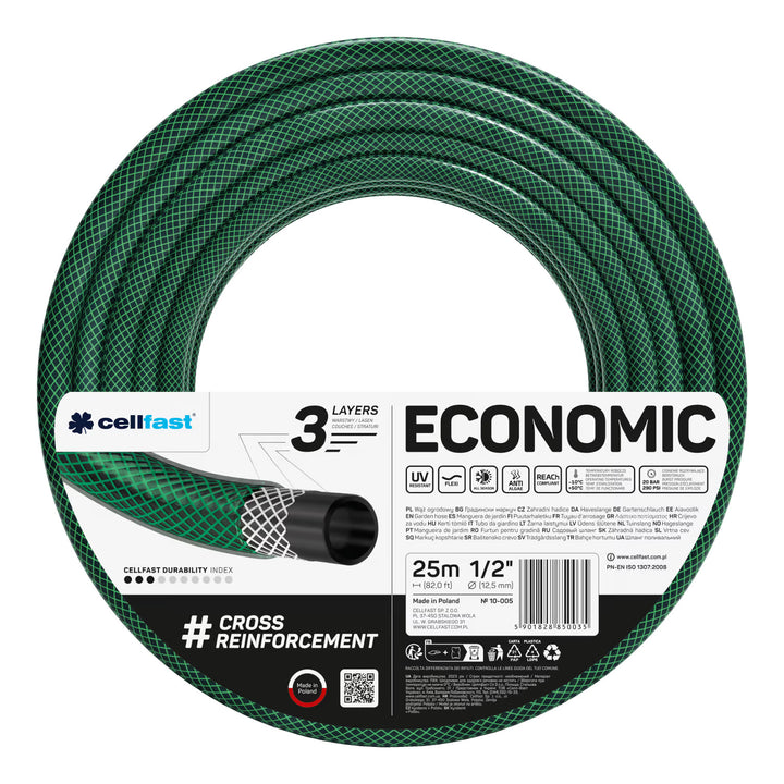 Tubo da giardino Cellfast Economic da 1/2" e 50 m + gancio per tubo Cellfast grigio + set con irrigatore a getto diritto Cellfast Basic da 1/2"