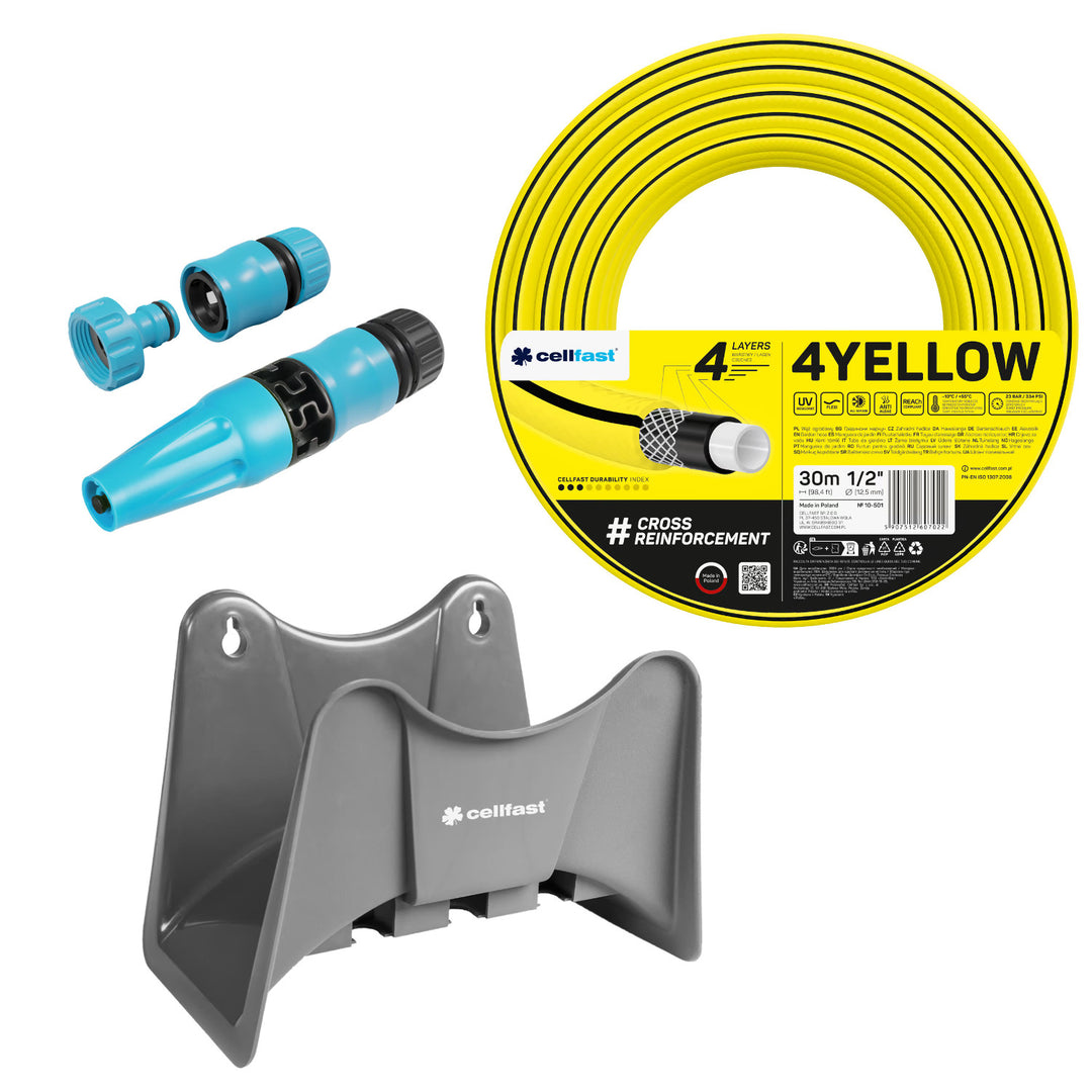 Tubo da giardino Cellfast 4YELLOW da 1/2" e 30 m + gancio per tubo Cellfast grigio + set con irrigatore a getto diritto Cellfast Basic da 1/2"