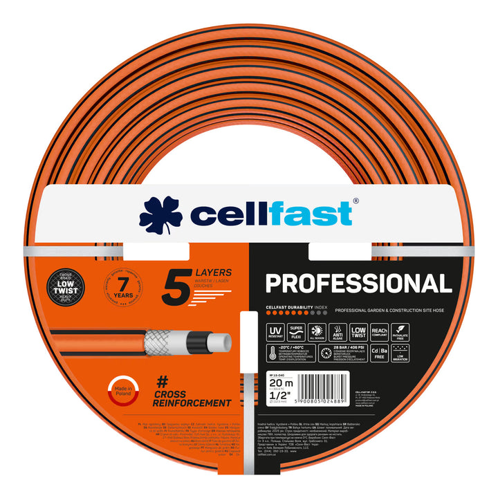 Tubo da giardino Cellfast, PROFESSIONAL 1/2" 20 m + gancio per tubo Cellfast grigio + set con irrigatore a getto diritto Cellfast Basic 1/2"