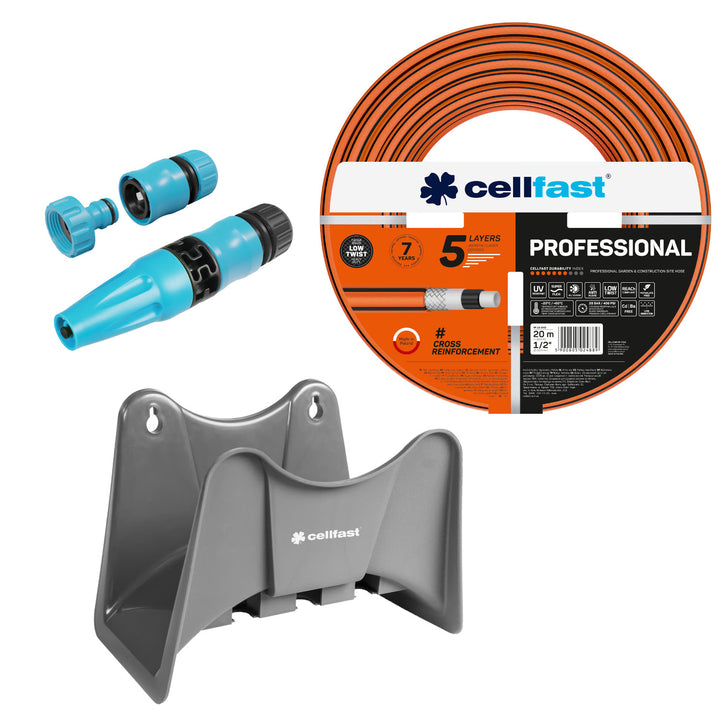 Tubo da giardino Cellfast, PROFESSIONAL 1/2" 20 m + gancio per tubo Cellfast grigio + set con irrigatore a getto diritto Cellfast Basic 1/2"