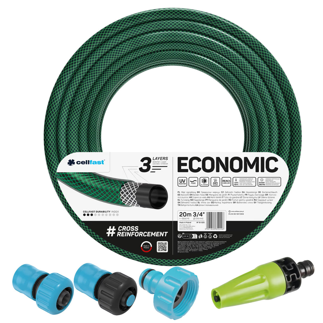 Tubo da giardino Cellfast Economic 3/4" 20 m + irrigatore a getto diritto + raccordo con filettatura interna da 3/4" + raccordo rapido passante e di arresto da 3/4"