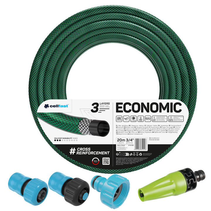 Tubo da giardino Cellfast Economic 3/4" 20 m + irrigatore a getto diritto + raccordo con filettatura interna da 3/4" + raccordo rapido passante e di arresto da 3/4"