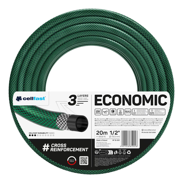Tubo da giardino Cellfast Economic 1/2" 20 m + irrigatore diritto + raccordo con filettatura interna da 3/4" + raccordo rapido passante e di arresto da 1/2"