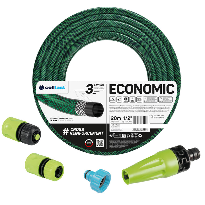 Tubo da giardino Cellfast Economic 1/2" 20 m + irrigatore diritto + raccordo con filettatura interna da 3/4" + raccordo rapido passante e di arresto da 1/2"