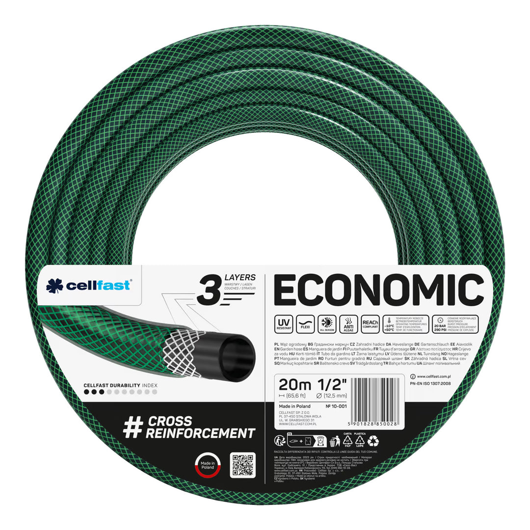 Tubo da giardino Cellfast Economic 1/2" 20 m + spruzzatore a pistola + raccordo con filettatura interna da 3/4" + raccordo rapido passante e di arresto da 1/2"