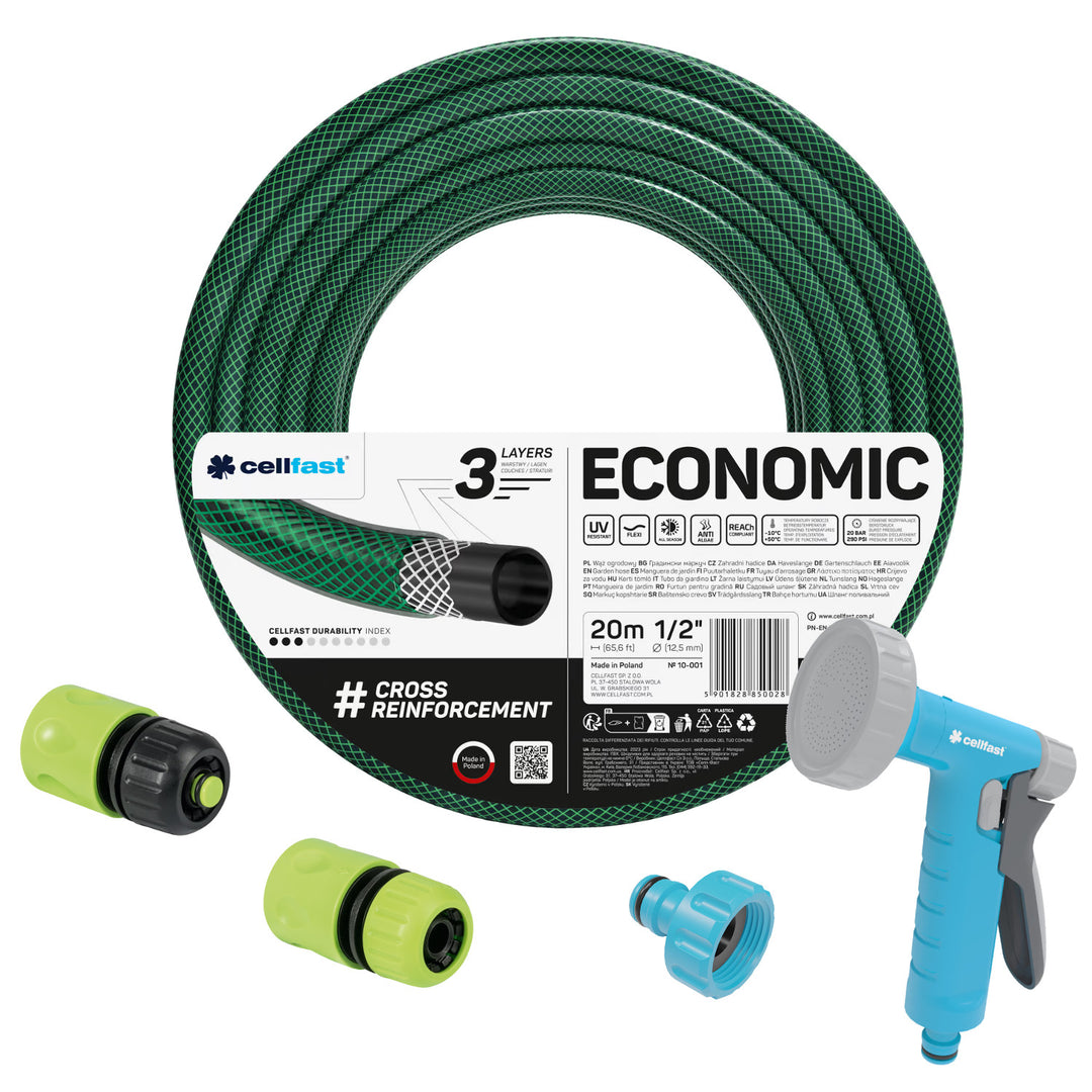 Tubo da giardino Cellfast Economic 1/2" 20 m + spruzzatore a pistola + raccordo con filettatura interna da 3/4" + raccordo rapido passante e di arresto da 1/2"