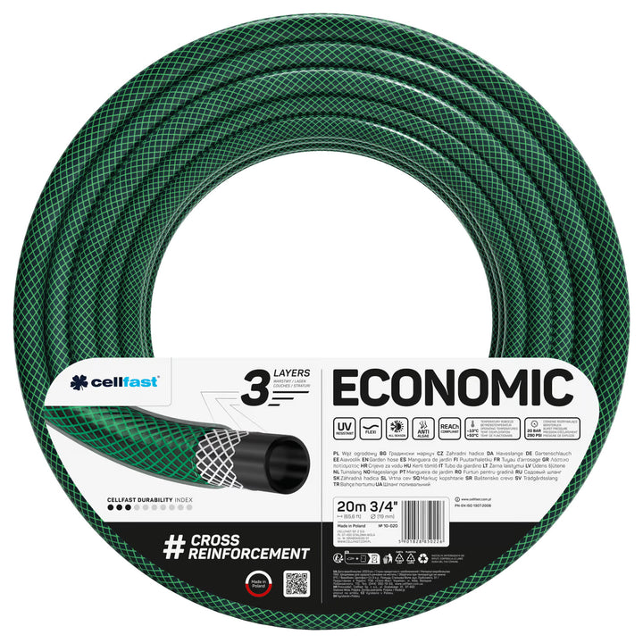 Tubo da giardino Cellfast Economic 3/4" 20 m + irrigatore a pistola + raccordo con filettatura interna da 3/4" + raccordo rapido passante e di arresto da 3/4"