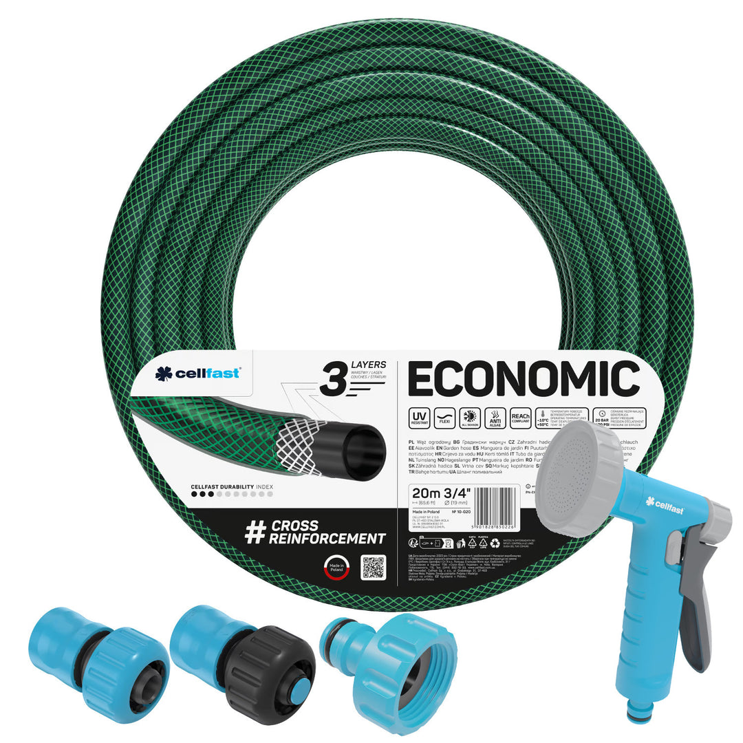 Tubo da giardino Cellfast Economic 3/4" 20 m + irrigatore a pistola + raccordo con filettatura interna da 3/4" + raccordo rapido passante e di arresto da 3/4"