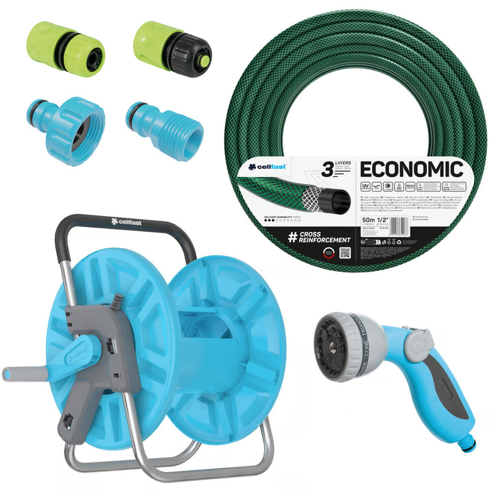 Tubo da giardino Economic 1/2" 50 m + supporto, raccordo con filettatura interna da 3/4", raccordo con filettatura esterna da 1/2", raccordo rapido passante e di arresto da 1/2" + spruzzatore a pistola a 8 funzioni Cellfast Mix Ideal