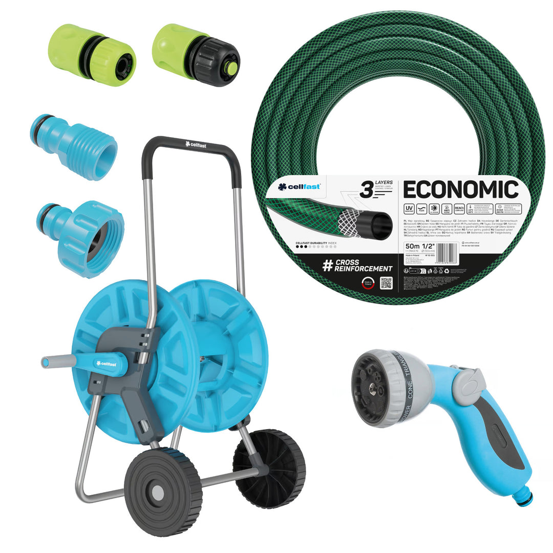 Tubo da giardino Economic 1/2" 50 m + carrello, raccordo con filettatura interna da 3/4", raccordo con filettatura esterna da 1/2", raccordo rapido passante e di arresto da 1/2" + spruzzatore a pistola a 8 funzioni Cellfast Mix Ideal