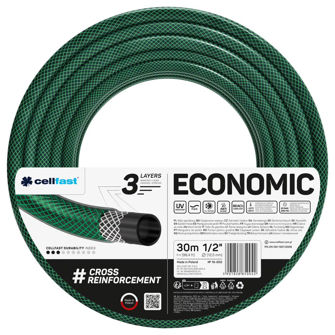 Tubo da giardino Cellfast Economic 1/2" 30 m + supporto, raccordo con filettatura interna da 3/4", raccordo rapido passante e di arresto da 1/2" + irrigatore diritto Cellfast Economic