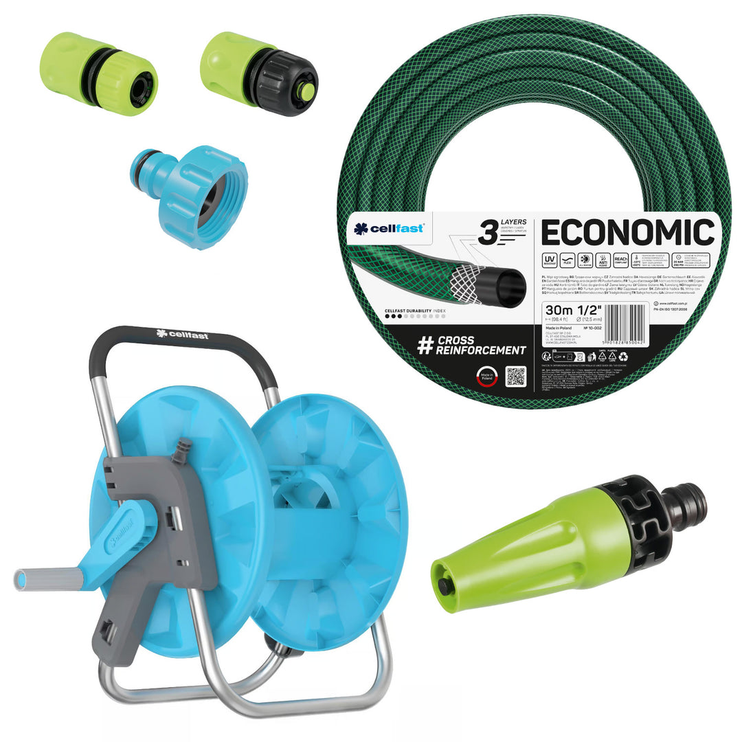 Tubo da giardino Cellfast Economic 1/2" 30 m + supporto, raccordo con filettatura interna da 3/4", raccordo rapido passante e di arresto da 1/2" + irrigatore diritto Cellfast Economic
