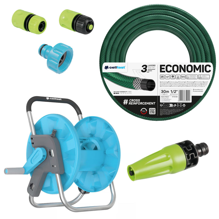 Tubo da giardino Cellfast Economic 1/2" 30 m + supporto, raccordo con filettatura interna da 3/4", raccordo rapido passante e di arresto da 1/2" + irrigatore diritto Cellfast Economic