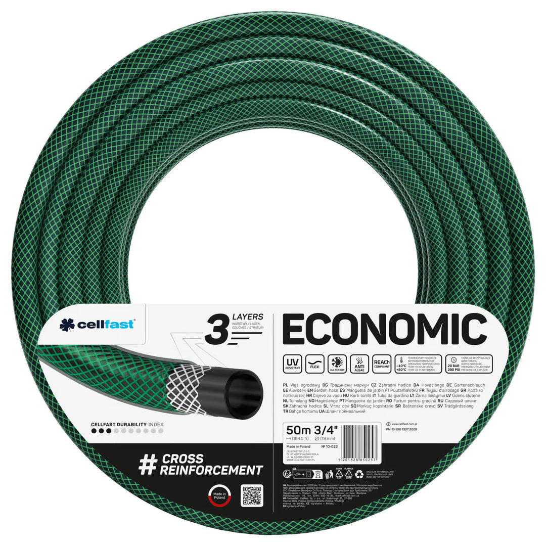 Tubo da giardino Cellfast Economic 3/4" 50 m + raccordo rapido in ottone e raccordo passante 3/4" + raccordo con filettatura interna 3/4" + irrigatore rotante + irrigatore a pistola
