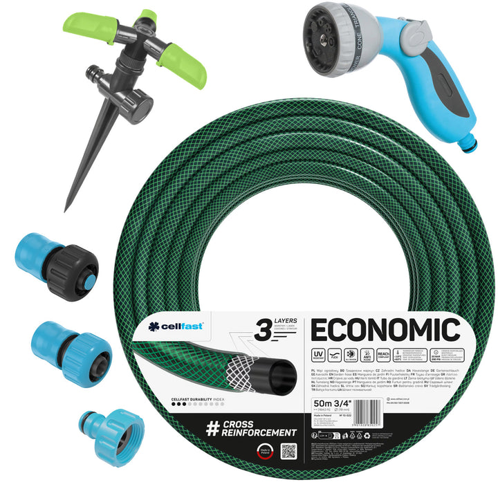 Tubo da giardino Cellfast Economic 3/4" 50 m + raccordo rapido in ottone e raccordo passante 3/4" + raccordo con filettatura interna 3/4" + irrigatore rotante + irrigatore a pistola