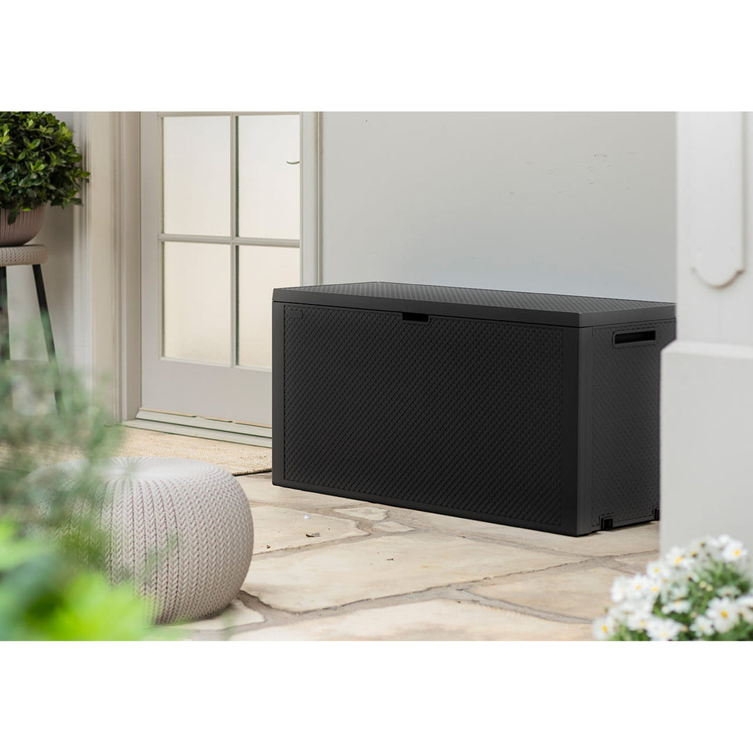 Cassetta da giardino Keter Emily, capacità 277 L, colore antracite, carico massimo 20 kg, resistente alle intemperie, dotata di maniglie e rotelle, 249722