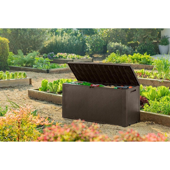Cassetta da giardino Keter Emily, capacità 277 L, colore marrone, carico massimo 20 kg, resistente alle intemperie, dotata di maniglie e rotelle, 249719