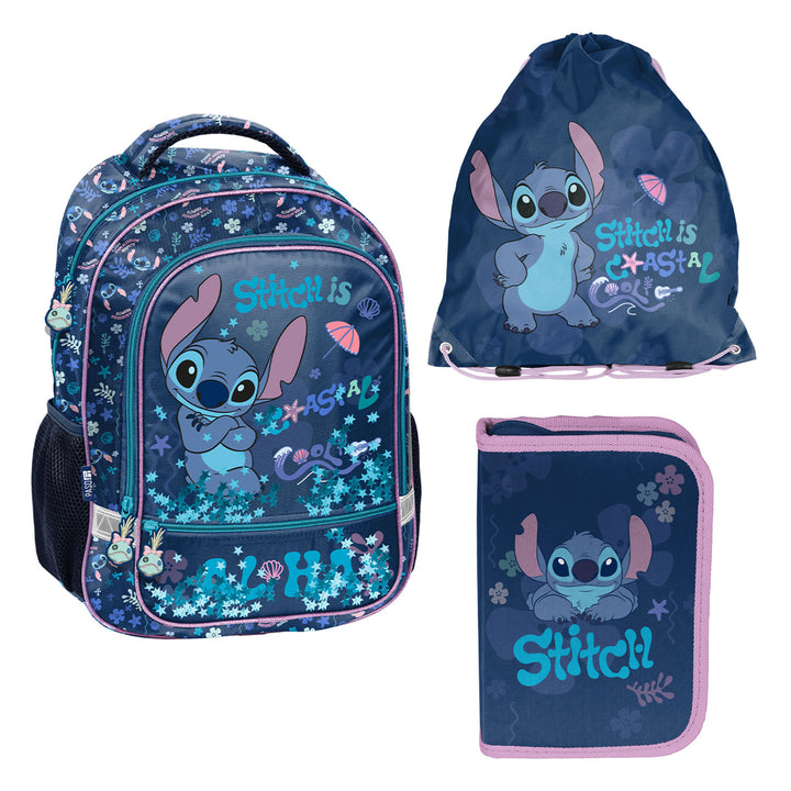 Set scolastico Stitch Paso, zaino con due scomparti, elementi riflettenti e schienale rinforzato, astuccio vuoto con tasche per gli strumenti di scrittura, sacca per le scarpe da indossare sulla schiena, DS26XX