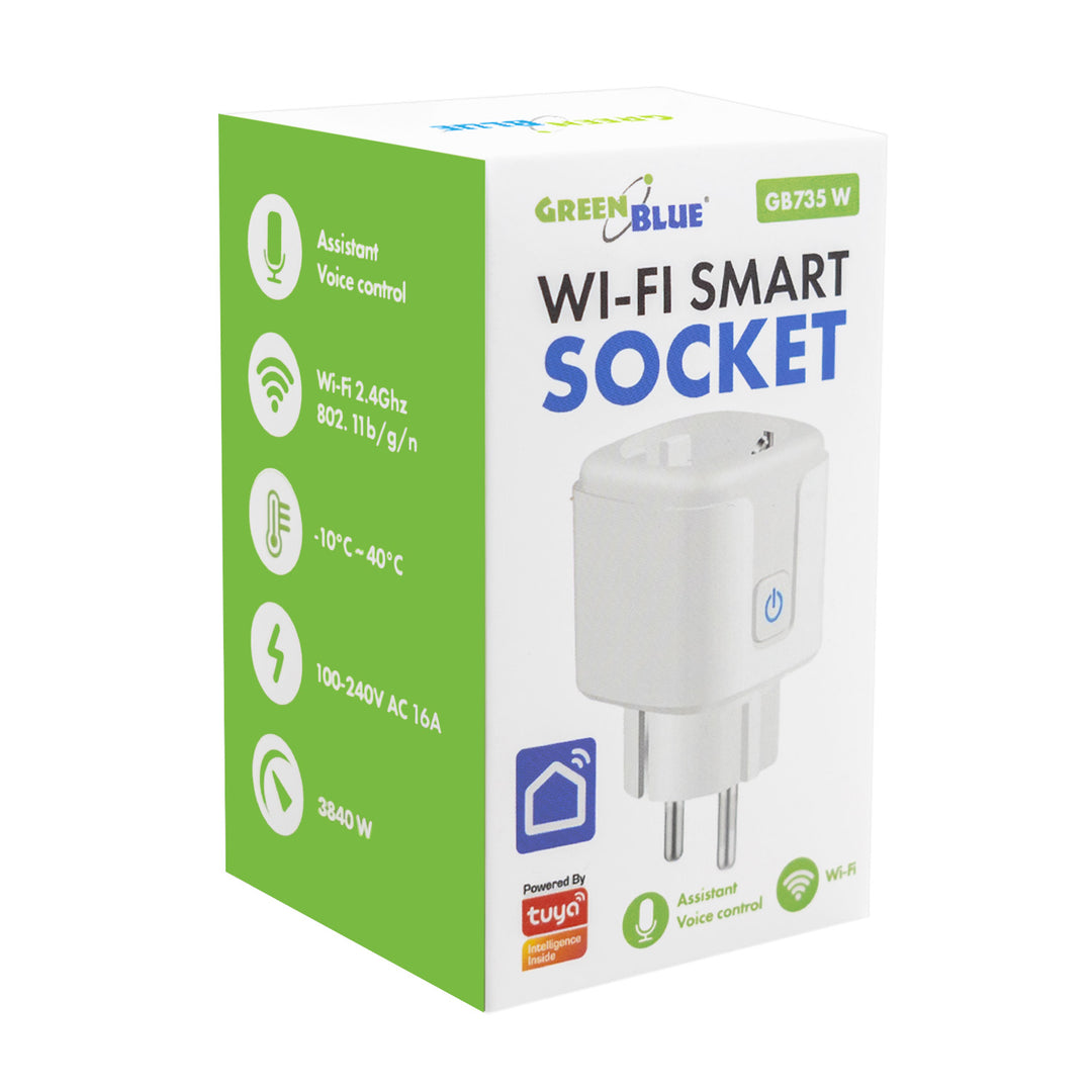 Presa WiFi GreenBlue controllabile da remoto, Android/iOS/Alexa/Google Home, timer, misuratore di potenza, max 16 A/3840 W, GB735 W, 2 pezzi