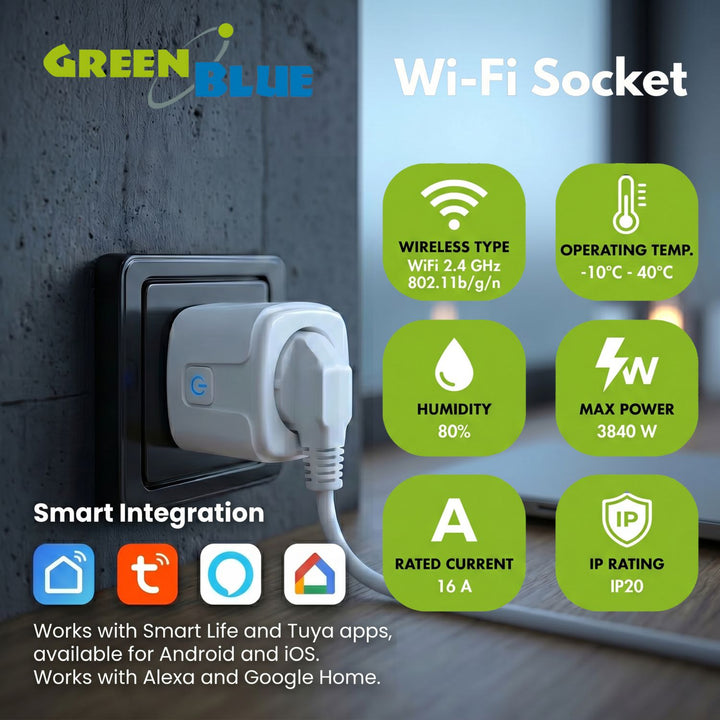 Presa WiFi GreenBlue controllabile da remoto, Android/iOS/Alexa/Google Home, timer, misuratore di potenza, max 16 A/3840 W, GB735 W, 2 pezzi