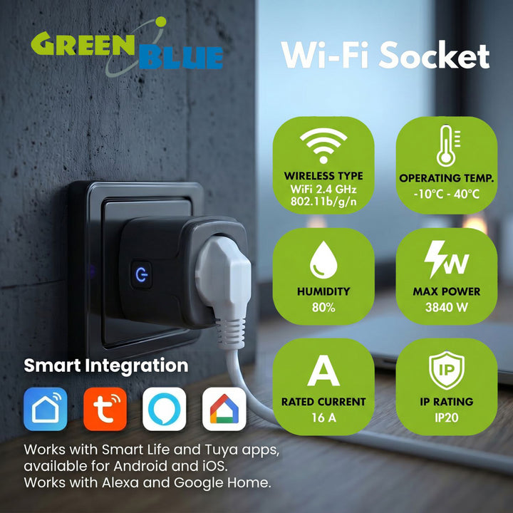 Presa WiFi GreenBlue controllabile da remoto, Android/iOS/Alexa/Google Home, timer, misuratore di potenza, max 16 A/3840 W, GB735 B, 2 pezzi