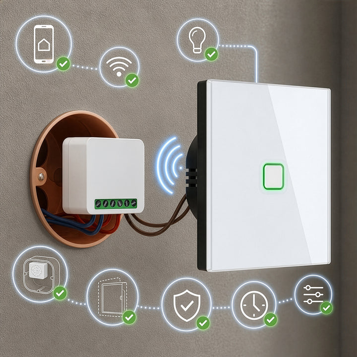 Relè WiFi da incasso GreenBlue, Android/iOS/Alexa/Google Home, 100-240 V CA, 50/60 Hz, max. 16 A, per LED da 150 W, GB739, 4 pezzi