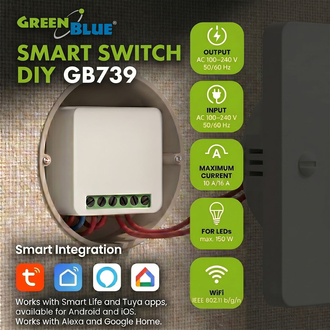 Relè WiFi da incasso GreenBlue, Android/iOS/Alexa/Google Home, 100-240 V CA, 50/60 Hz, max. 16 A, per LED da 150 W, GB739, 4 pezzi