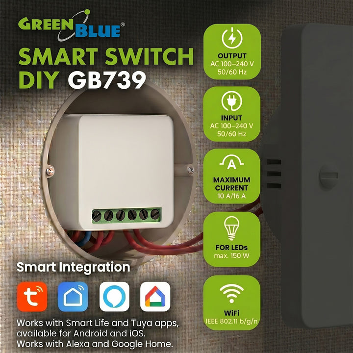 Relè WiFi da incasso GreenBlue, Android/iOS/Alexa/Google Home, 100-240 V CA, 50/60 Hz, max. 16 A, per LED da 150 W, GB739, 4 pezzi