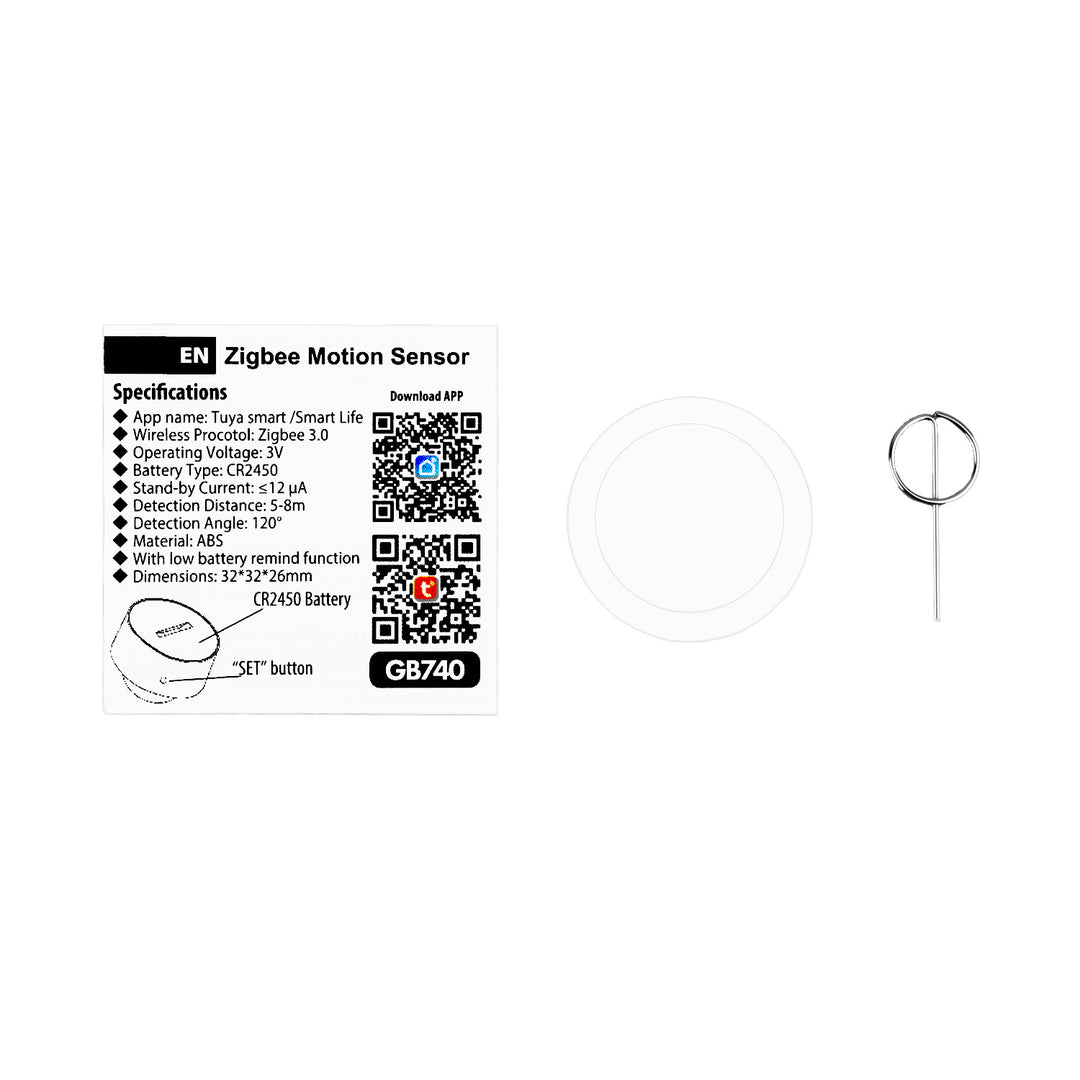 Sensore di movimento wireless Zigbee Tuya GreenBlue, Android/iOS, CR2450 DC 3,0 V, angolo di rilevamento 120° / fino a 8 m, GB740, 2 pezzi