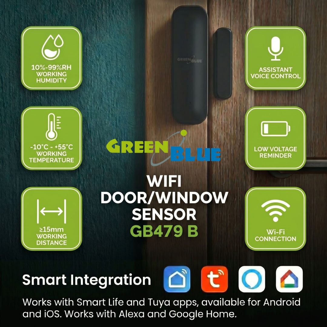 Contattore wireless / sensore di apertura WiFi GreenBlue, Android/iOS, per porte / finestre, 3,0 V CC, LR03x2, GB479 B, 2 set