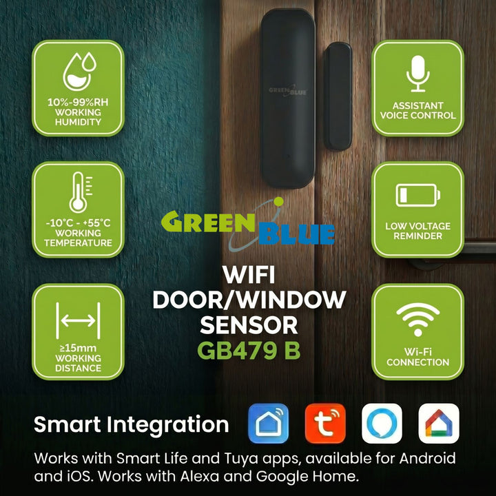 Contattore wireless / sensore di apertura WiFi GreenBlue, Android/iOS, per porte / finestre, 3,0 V CC, LR03x2, GB479 B, 2 set