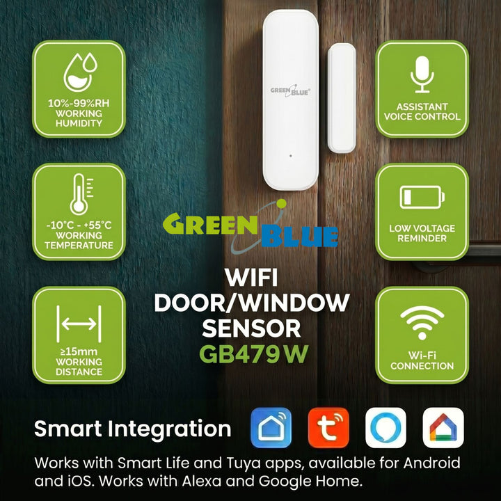 Contattore wireless / sensore di apertura WiFi GreenBlue, Android/iOS, per porte / finestre, 3,0 V CC, LR03x2, GB479 W, 2 set