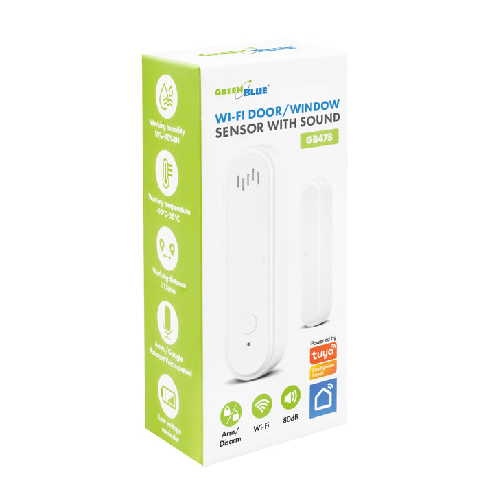 Contattore wireless / sensore di apertura WiFi GreenBlue, Android/iOS, per porte / finestre, 3,0 V CC, LR03x2, con allarme, GB478, 2 set