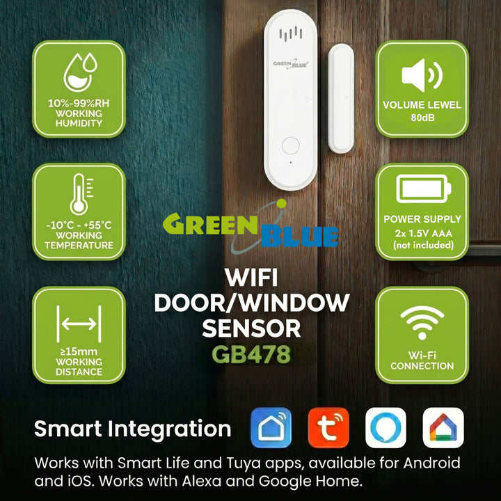 Contattore wireless / sensore di apertura WiFi GreenBlue, Android/iOS, per porte / finestre, 3,0 V CC, LR03x2, con allarme, GB478, 2 set