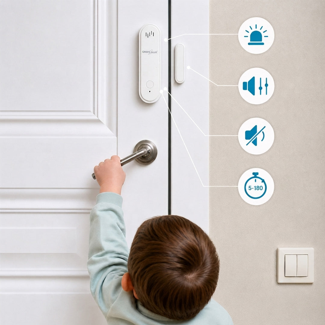Contattore wireless / sensore di apertura WiFi GreenBlue, Android/iOS, per porte / finestre, 3,0 V CC, LR03x2, con allarme, GB478, 2 set