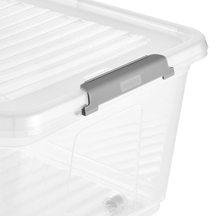Contenitore con coperchio Leo Keeeper, capacità 37 L, trasparente, dotato di rotelle, coperchio con chiusura a clip, 3 pezzi
