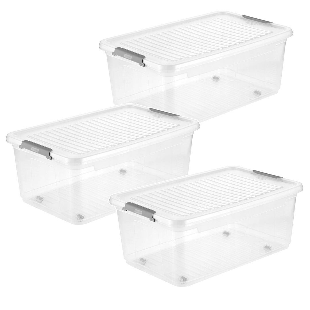 Contenitore con coperchio Leo Keeeper, capacità 37 L, trasparente, dotato di rotelle, coperchio con chiusura a clip, 3 pezzi