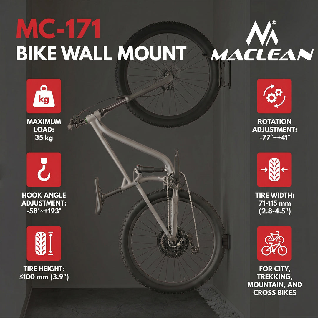 Portabiciclette da parete Maclean, carico massimo 35 kg, regolazione dell'angolo di inclinazione, acciaio, MC-171, 4 pezzi
