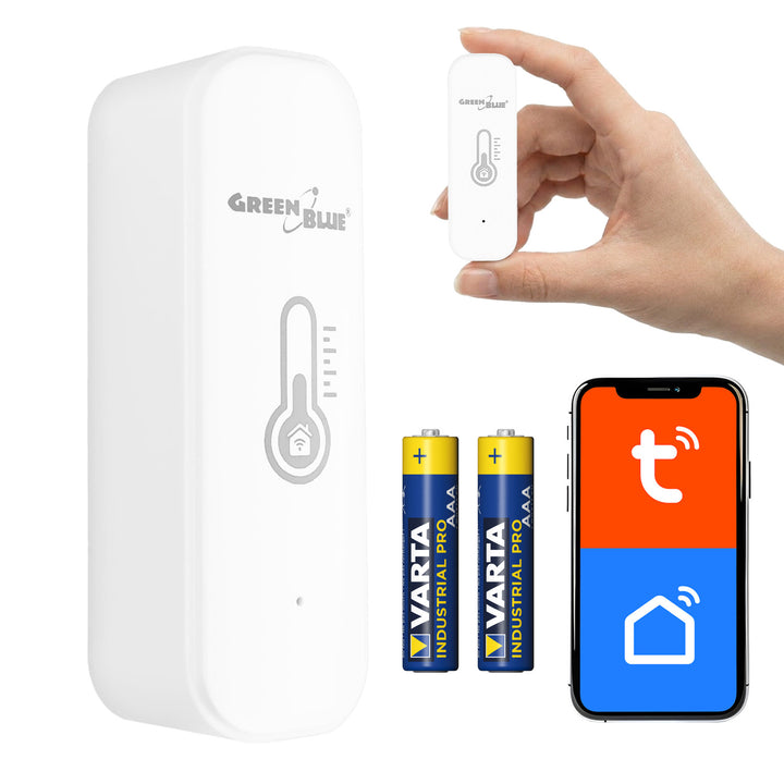 Sensore di temperatura e umidità WiFi GreenBlue, Android/iOS/Alexa/Google Home, 3,0 V CC, LR03x2, GB737 + 2 batterie R-03 LR03 AAA alcaline Varta Industrial 4003