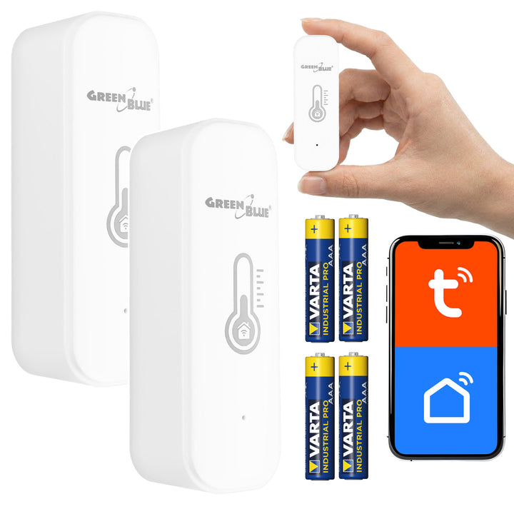Sensore di temperatura e umidità WiFi GreenBlue, Android/iOS/Alexa/Google Home, 3,0 V CC, LR03x2, GB737 2 pezzi + 4 batterie alcaline AAA Varta Industrial 4003